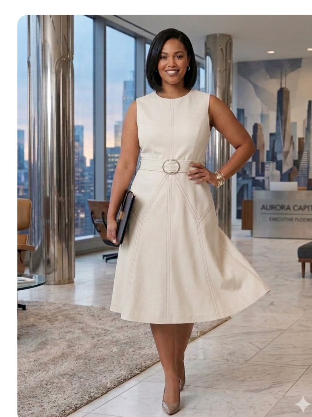 Tahari ASL Ivory Belted Fit & Flare Midi Dress - Professional & Chic. Size L
